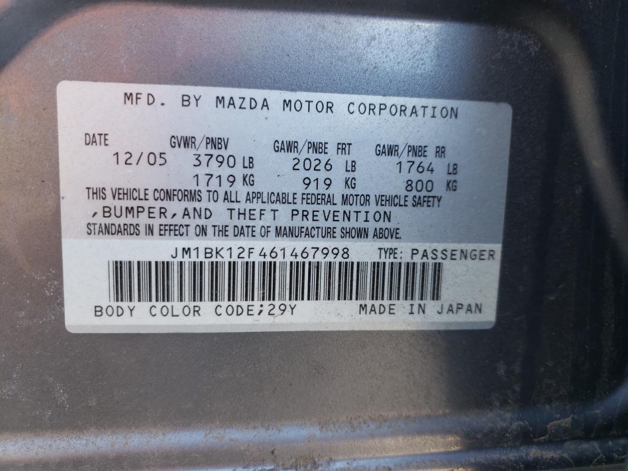 Photo 10 from auction – 2006 MAZDA 3 I with VIN JM1BK12F461467998