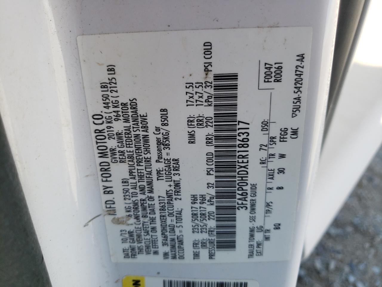 Photo 10 from auction – 2014 FORD FUSION SE with VIN 3FA6P0HDXER186317