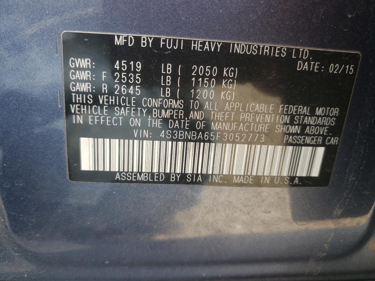 Photo 10 from auction – 2015 SUBARU LEGACY 2.5 with VIN 4S3BNBA65F3052773