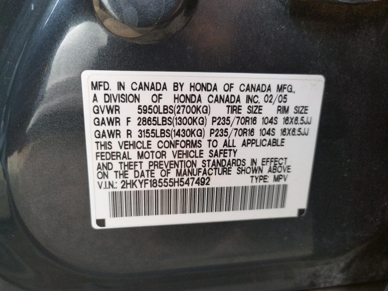 Photo 10 from auction – 2005 HONDA PILOT EXL with VIN 2HKYF18555H547492