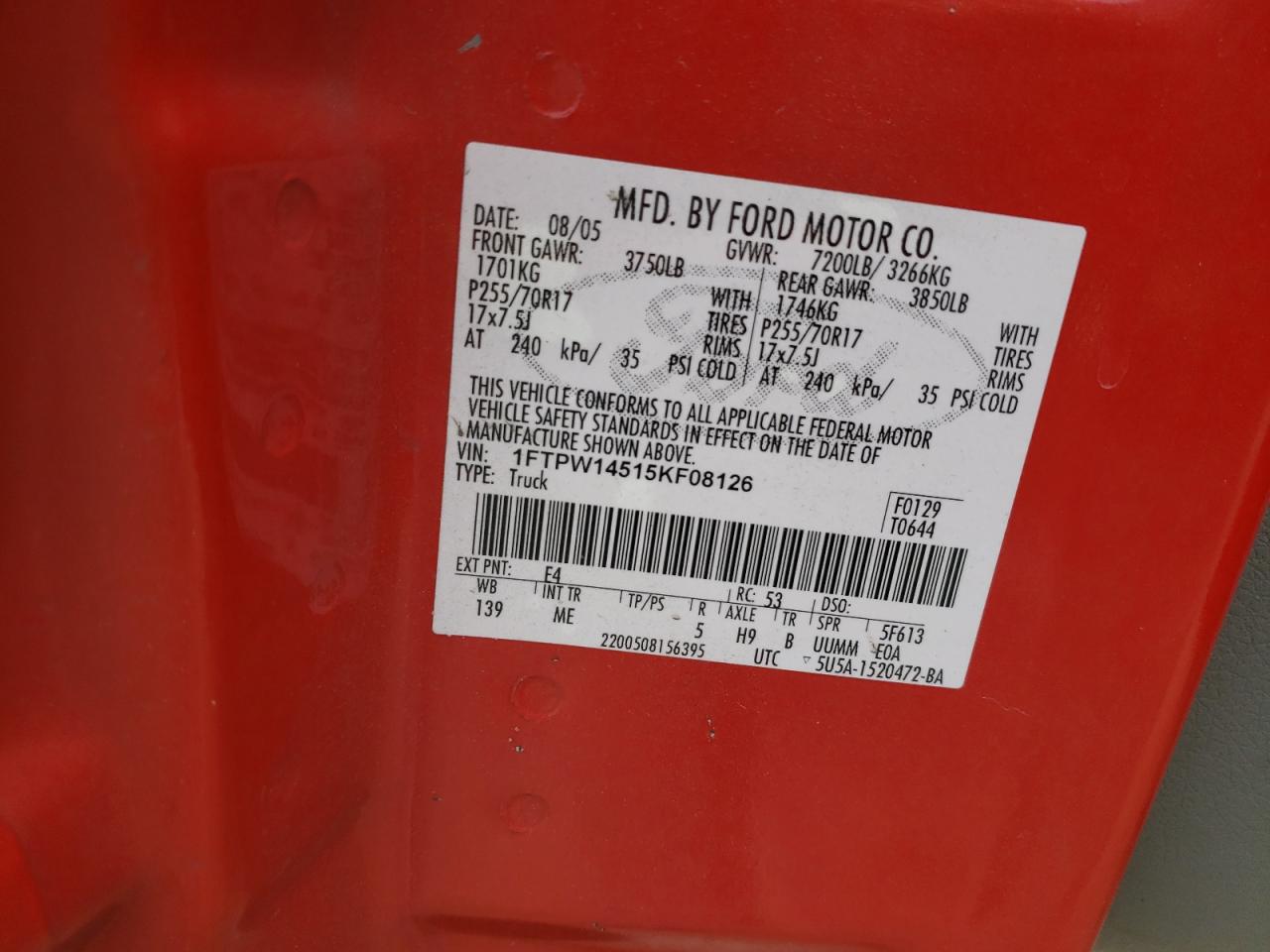 Photo 10 from auction – 2005 FORD F150 SUPER with VIN 1FTPW14515KF08126