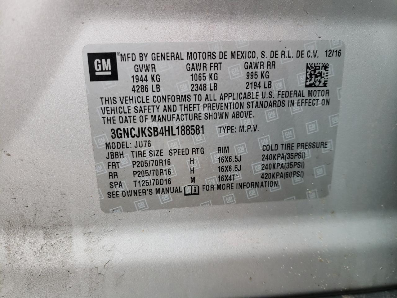 Photo 10 from auction – 2017 CHEVROLET TRAX LS with VIN 3GNCJKSB4HL188581