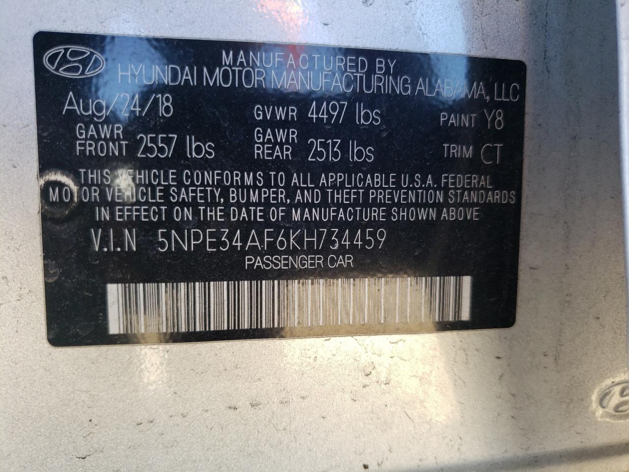 Photo 10 from auction – 2019 HYUNDAI SONATA LIM with VIN 5NPE34AF6KH734459