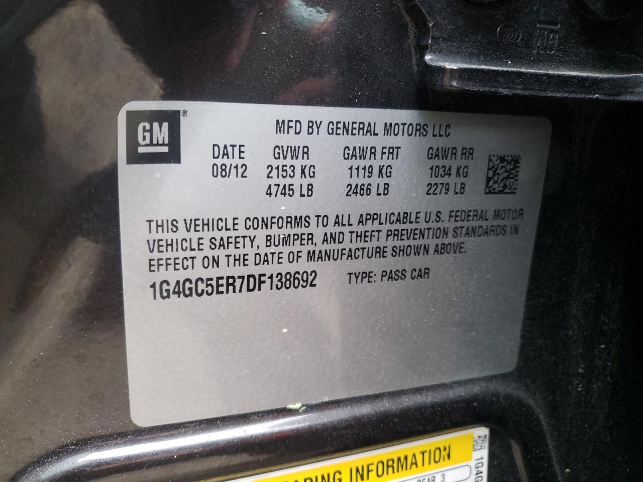 Photo 10 from auction – 2013 BUICK LACROSSE with VIN 1G4GC5ER7DF138692
