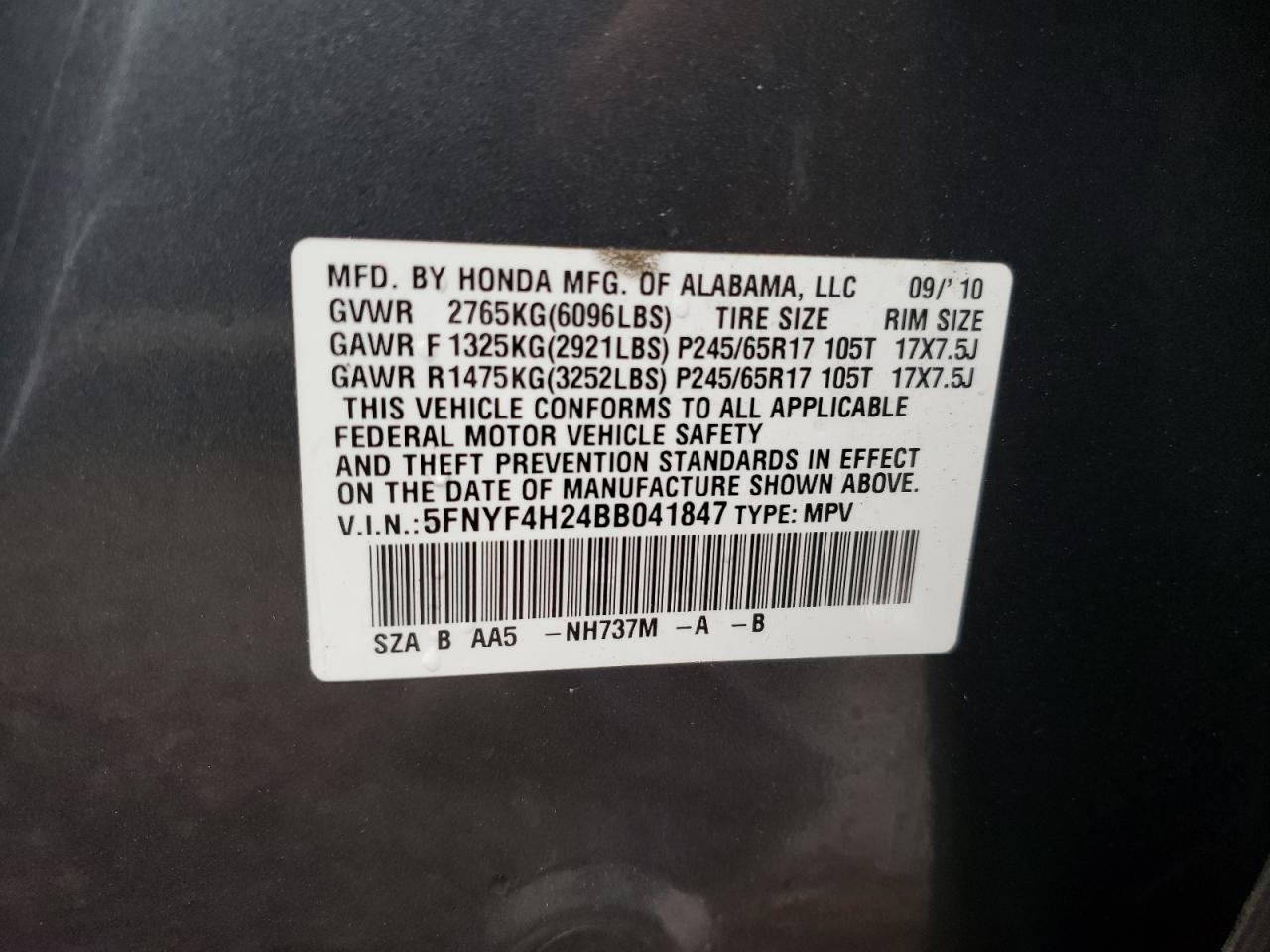 Photo 10 from auction – 2011 HONDA PILOT LX with VIN 5FNYF4H24BB041847