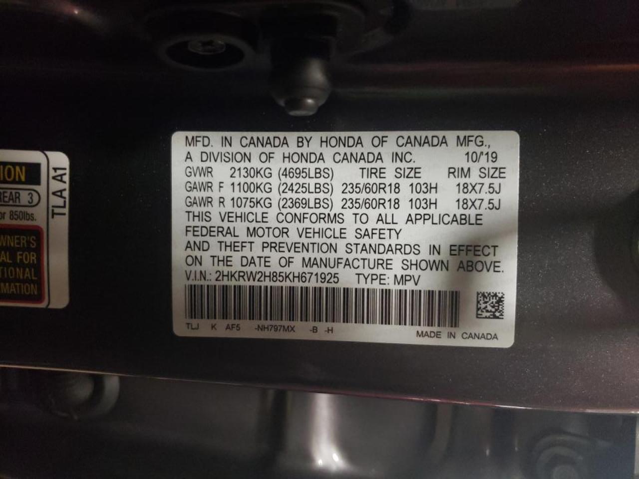 Photo 10 from auction – 2019 HONDA CR-V with VIN 2HKRW2H85KH671925