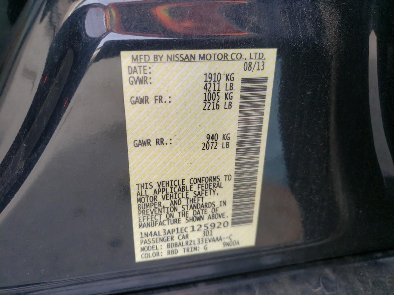 Photo 10 from auction – 2014 NISSAN ALTIMA 2.5 with VIN 1N4AL3AP1EC125920