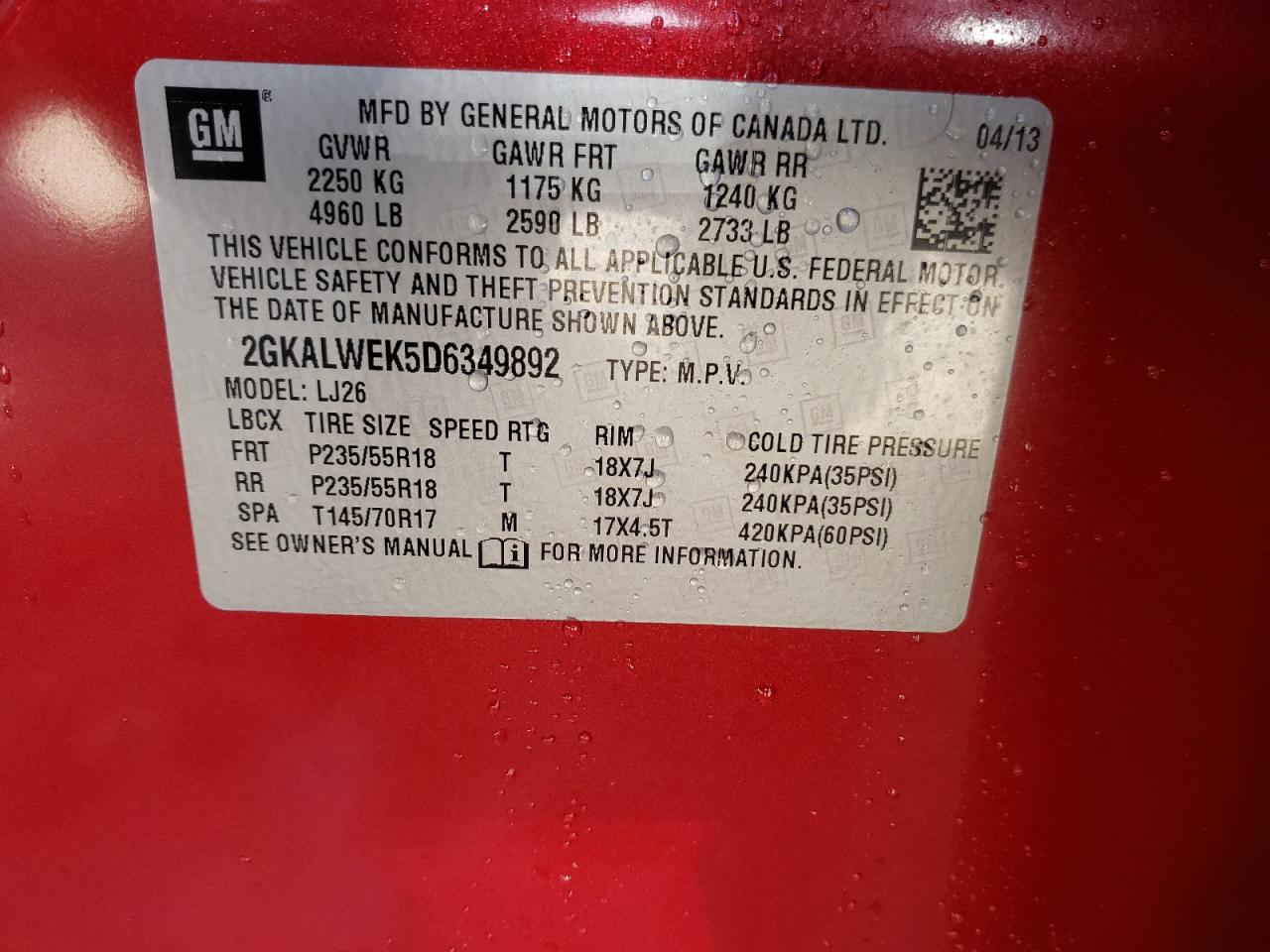 Photo 10 from auction – 2013 GMC TERRAIN SL with VIN 2GKALWEK5D6349892