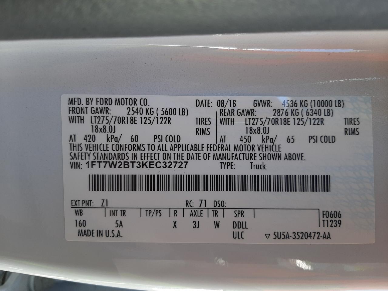 Photo 10 from auction – 2019 FORD F250 SUPER with VIN 1FT7W2BT3KEC32727