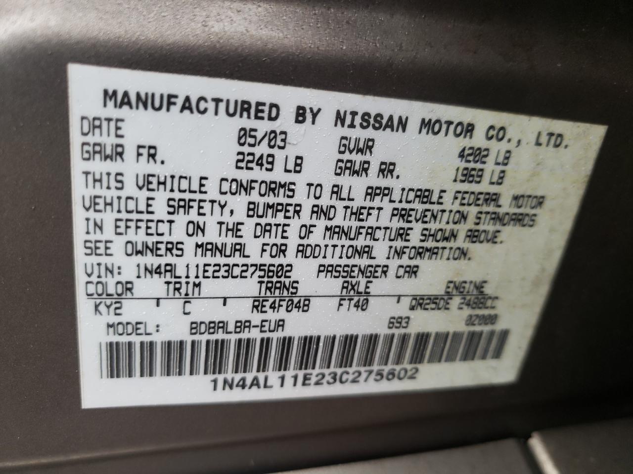 Photo 10 from auction – 2003 NISSAN ALTIMA with VIN 1N4AL11E23C275602