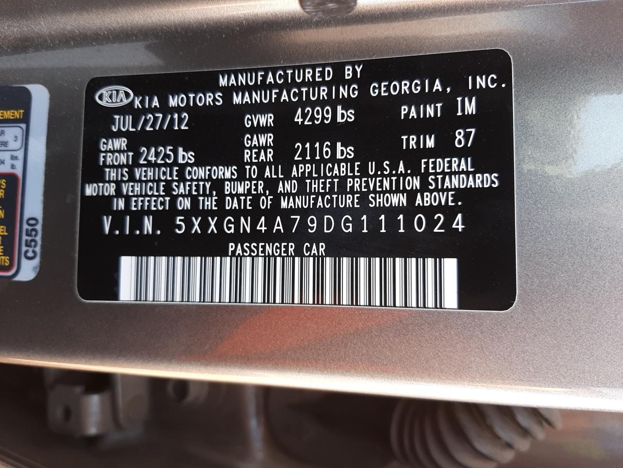 Photo 10 from auction – 2013 KIA OPTIMA EX with VIN 5XXGN4A79DG111024