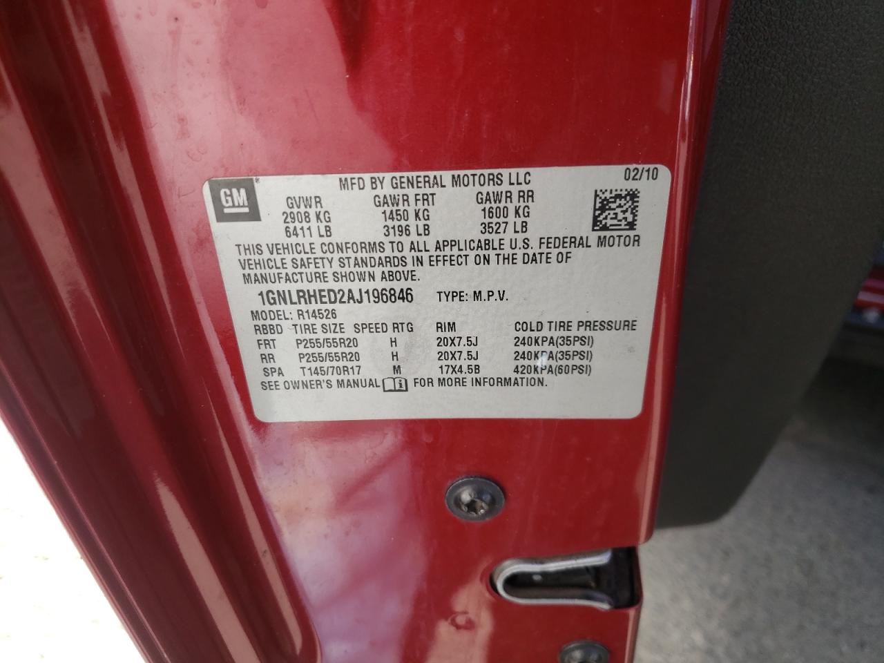 Photo 10 from auction – 2010 CHEVROLET TRAVERSE L with VIN 1GNLRHED2AJ196846
