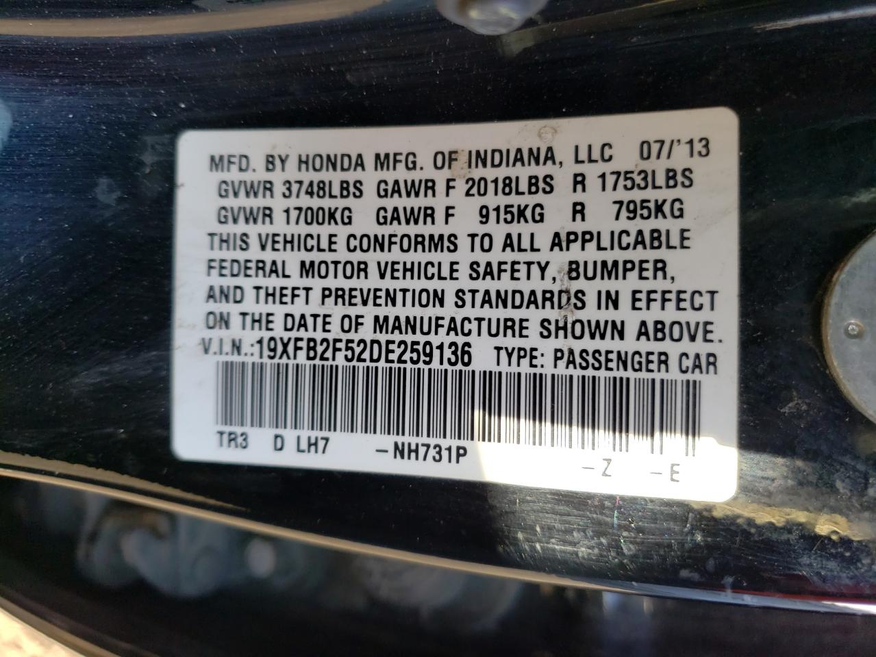 Photo 10 from auction – 2013 HONDA CIVIC LX with VIN 19XFB2F52DE259136