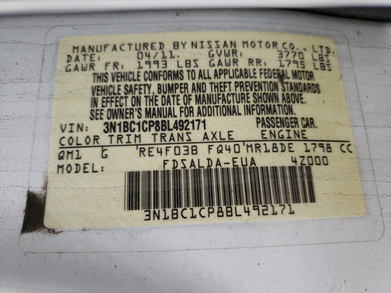 Photo 10 from auction – 2011 NISSAN VERSA S with VIN 3N1BC1CP8BL492171