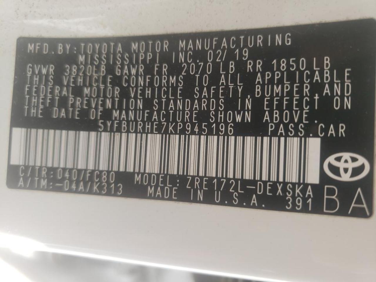 Photo 10 from auction – 2019 TOYOTA COROLLA L with VIN 5YFBURHE7KP945196