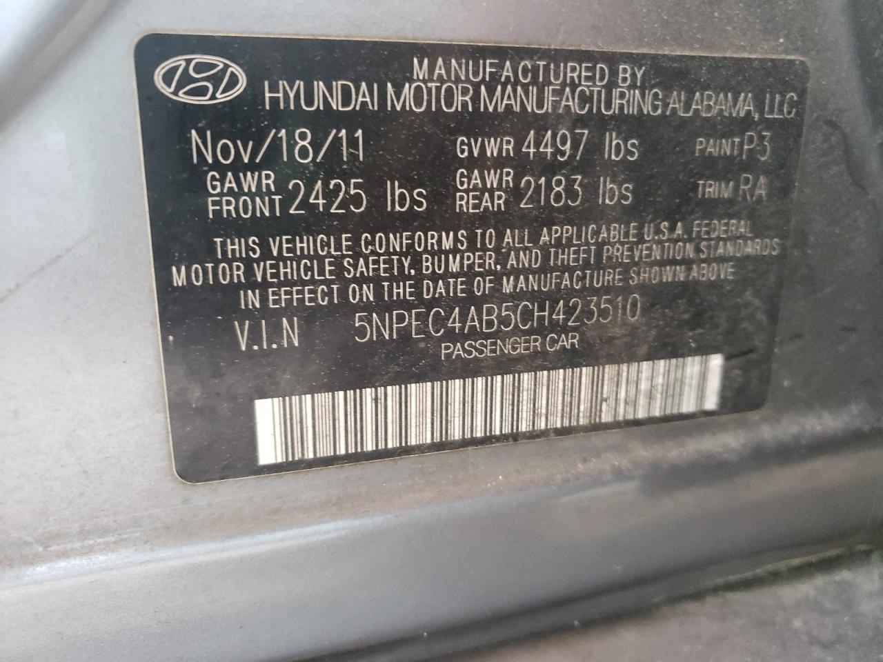 Photo 10 from auction – 2012 HYUNDAI SONATA SE with VIN 5NPEC4AB5CH423510