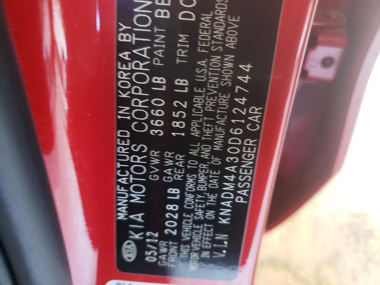 Photo 10 from auction – 2013 KIA RIO LX with VIN KNADM4A30D6124744