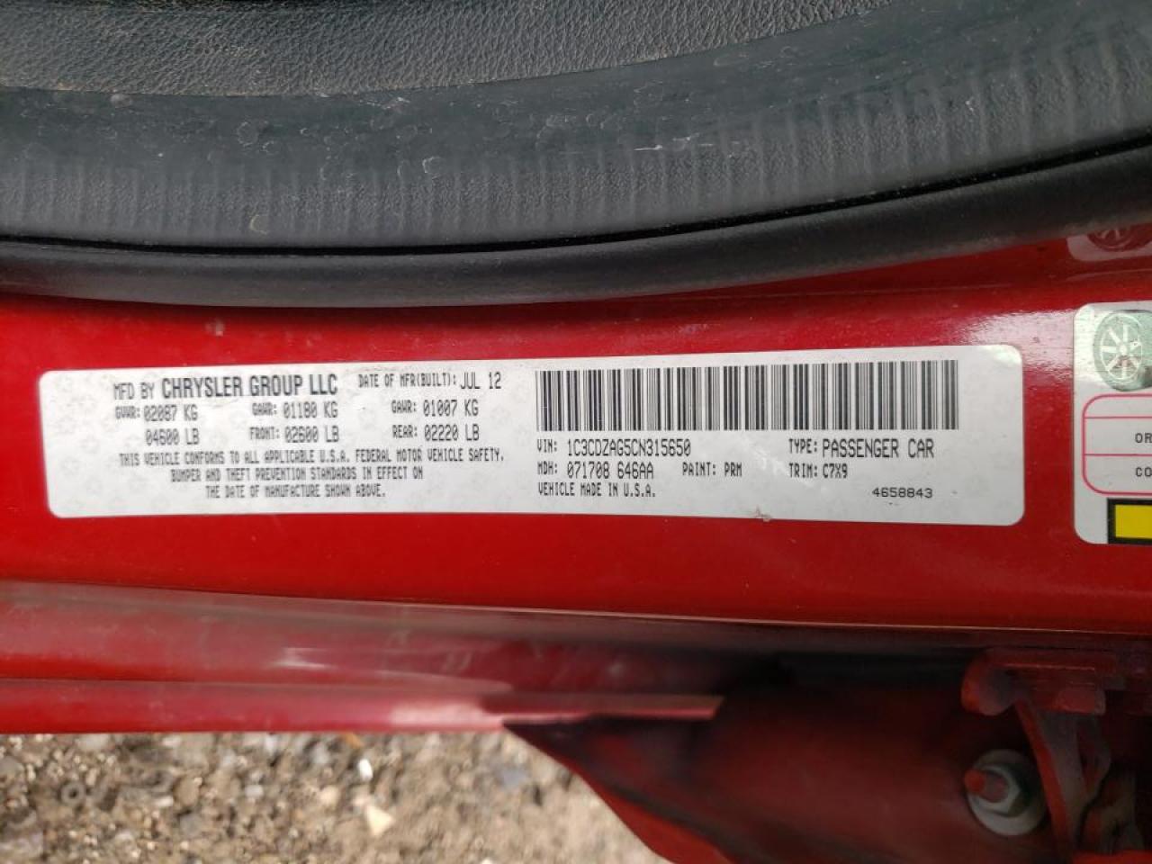 Photo 10 from auction – 2012 DODGE AVENGER SE with VIN 1C3CDZAG5CN315650