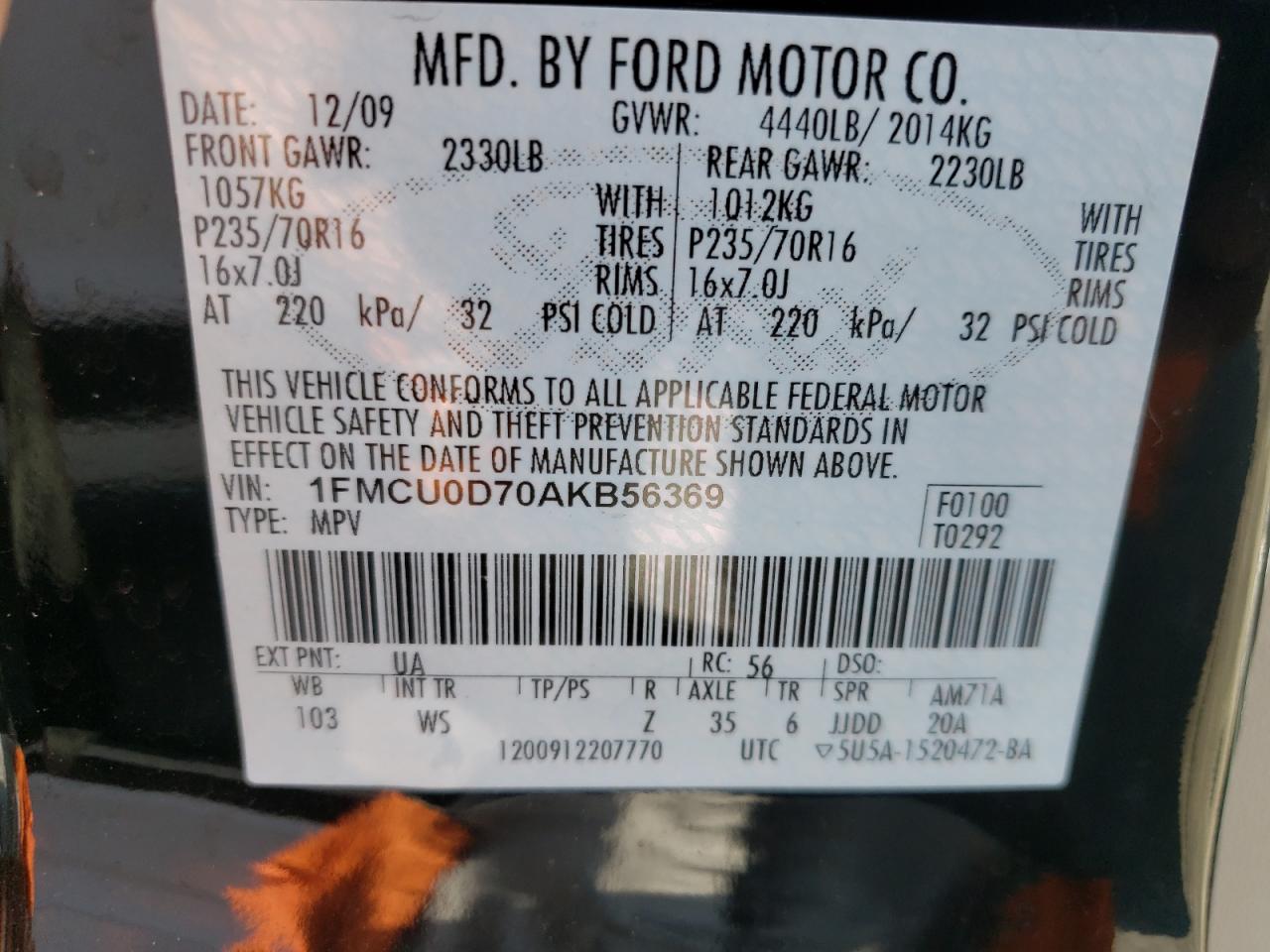 Photo 10 from auction – 2010 FORD ESCAPE XLT with VIN 1FMCU0D70AKB56369