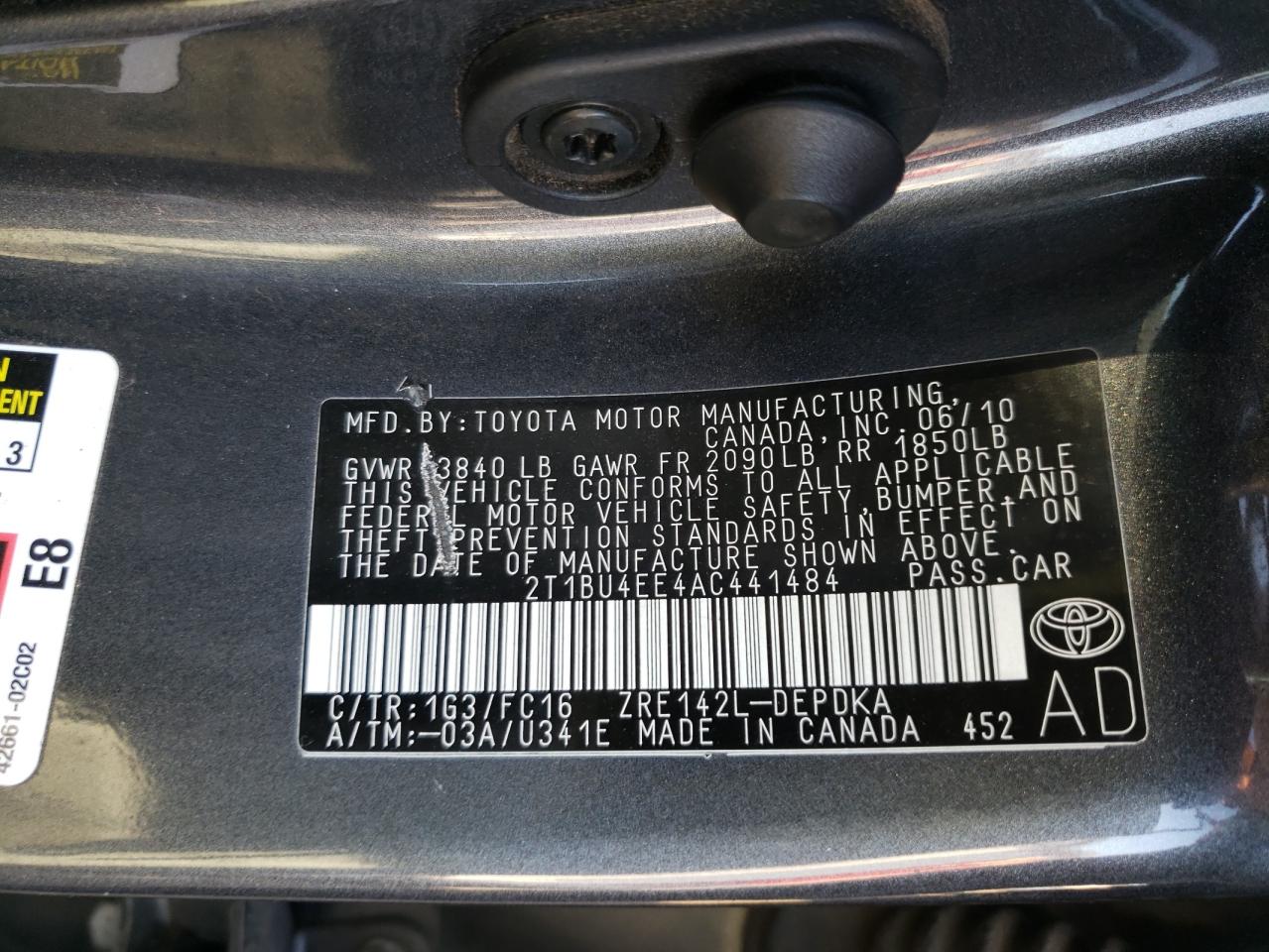 صورة رقم 10 من المزاد - 2010 TOYOTA COROLLA BA مع VIN 2T1BU4EE4AC441484