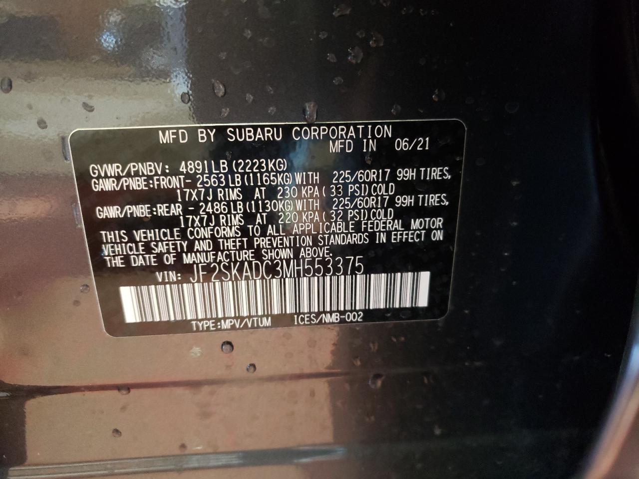 Photo 10 from auction – 2021 SUBARU FORESTER with VIN JF2SKADC3MH553375