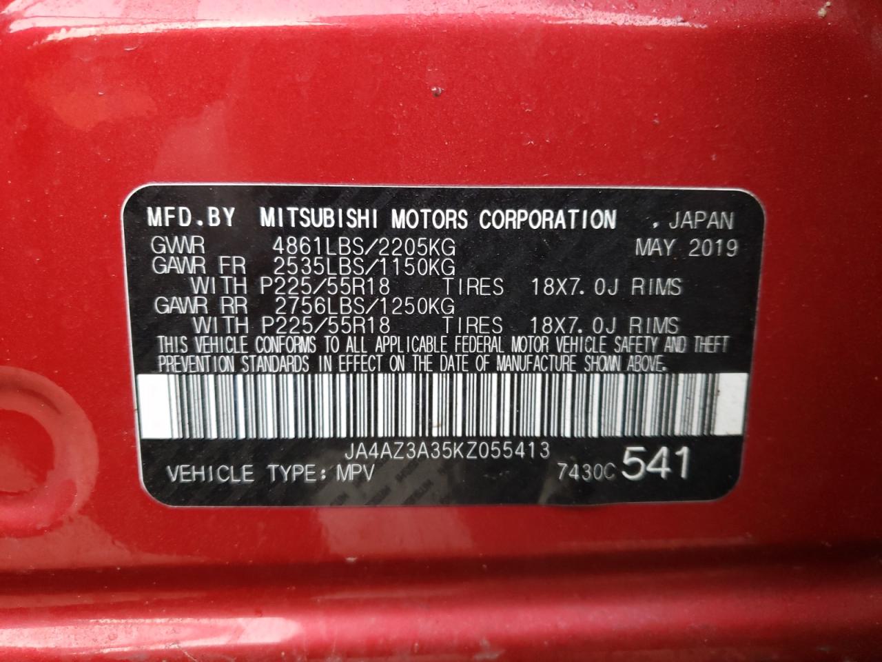 Photo 10 from auction – 2019 MITSUBISHI OUTLANDER with VIN JA4AZ3A35KZ055413