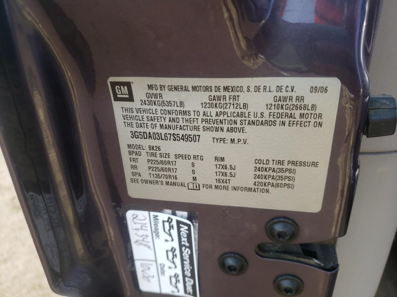 Photo 10 from auction – 2007 BUICK RENDEZVOUS with VIN 3G5DA03L67S549507