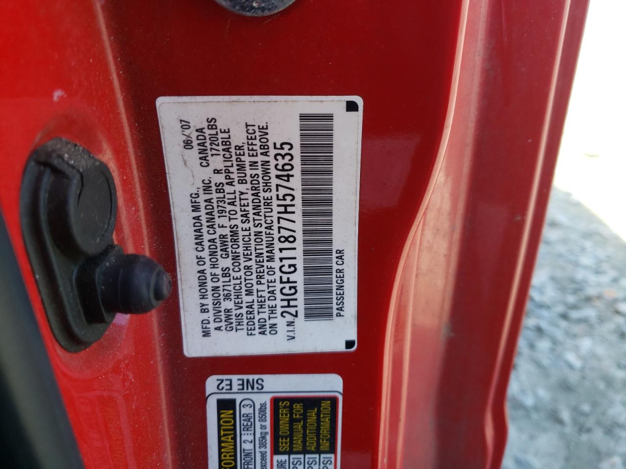 Photo 10 from auction – 2007 HONDA CIVIC EX with VIN 2HGFG11877H574635