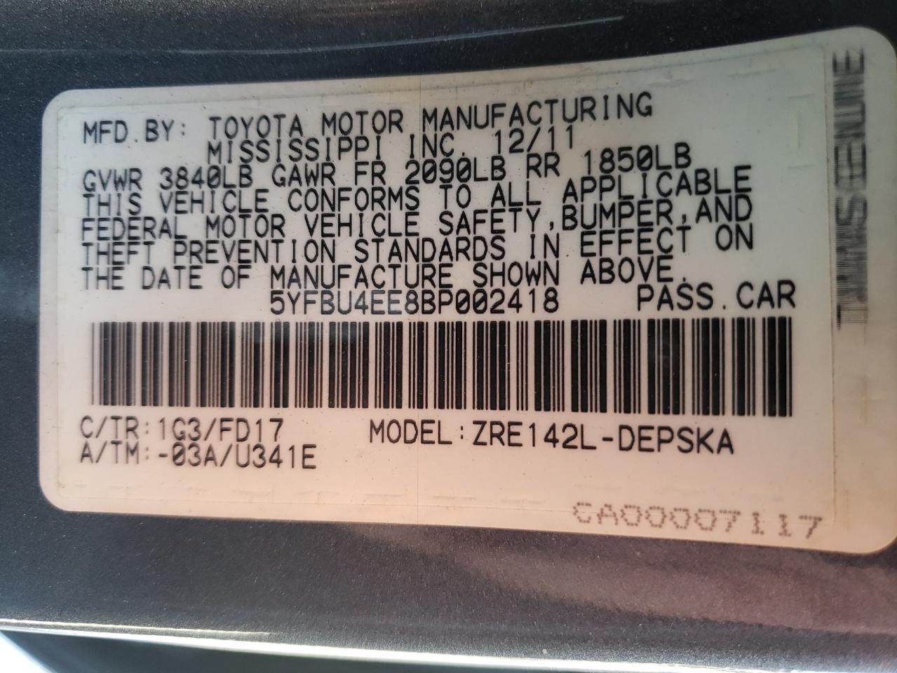 Photo 10 from auction – 2011 TOYOTA COROLLA BA with VIN 5YFBU4EE8BP002418
