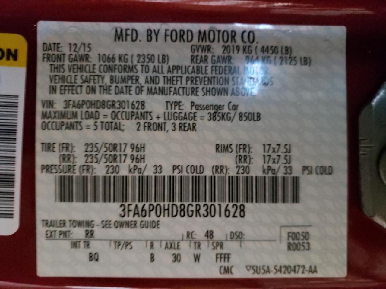 Photo 10 from auction – 2016 FORD FUSION SE with VIN 3FA6P0HD8GR301628