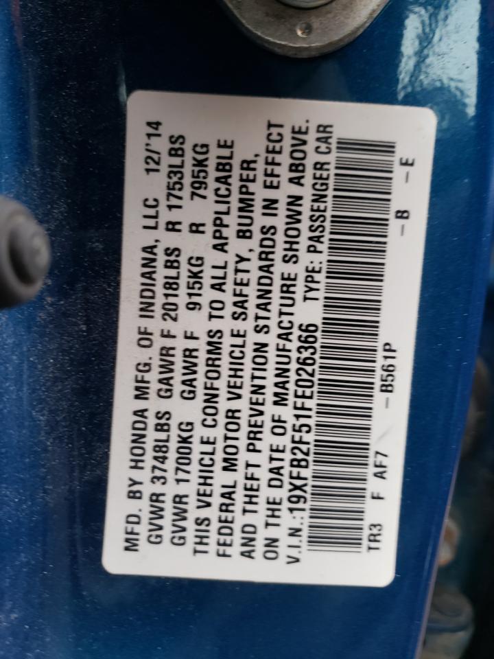 Photo 10 from auction – 2015 HONDA CIVIC LX with VIN 19XFB2F51FE026366