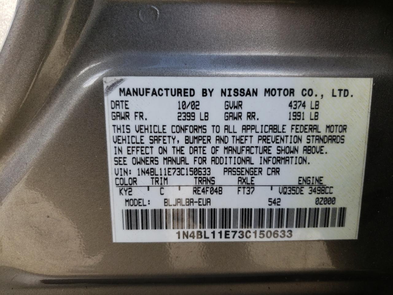 Photo 10 from auction – 2003 NISSAN ALTIMA SE with VIN 1N4BL11E73C150633