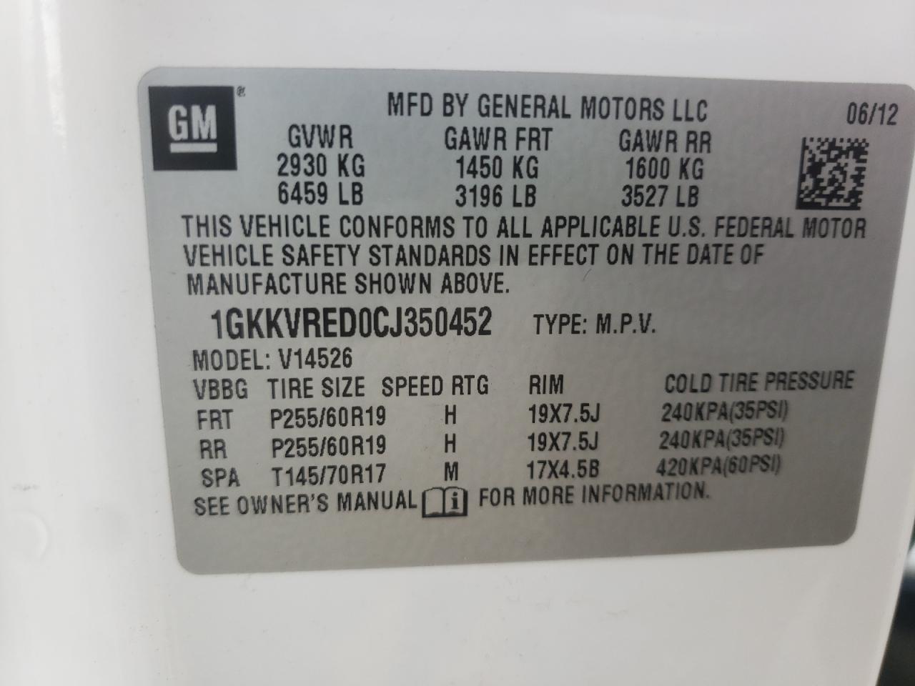 Photo 10 from auction – 2012 GMC ACADIA SLT with VIN 1GKKVRED0CJ350452