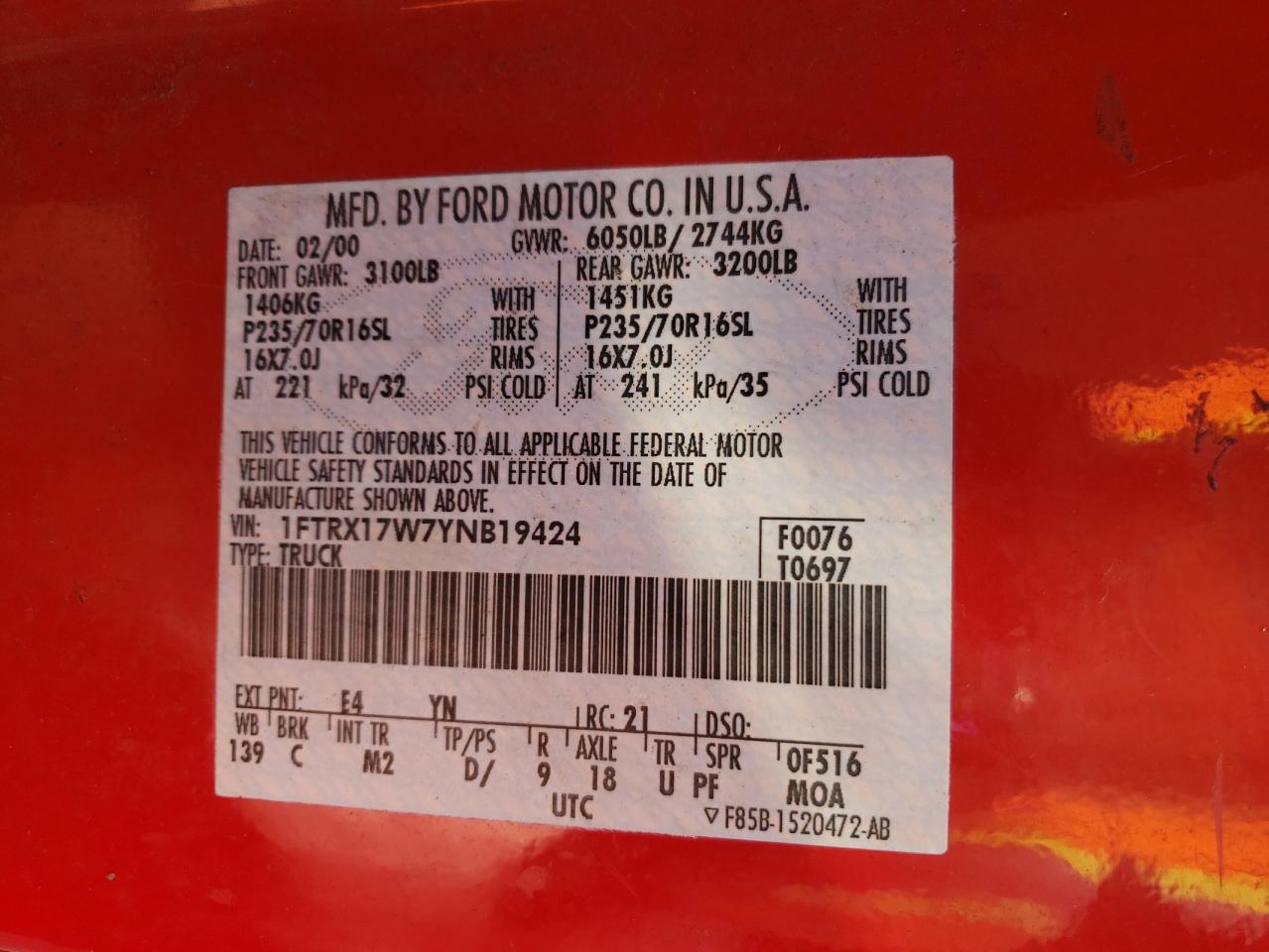 Photo 10 from auction – 2000 FORD F150 with VIN 1FTRX17W7YNB19424