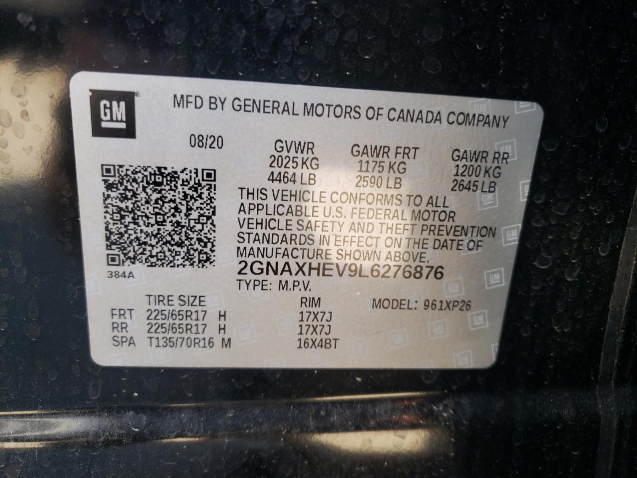 Photo 10 from auction – 2020 CHEVROLET EQUINOX LS with VIN 2GNAXHEV9L6276876
