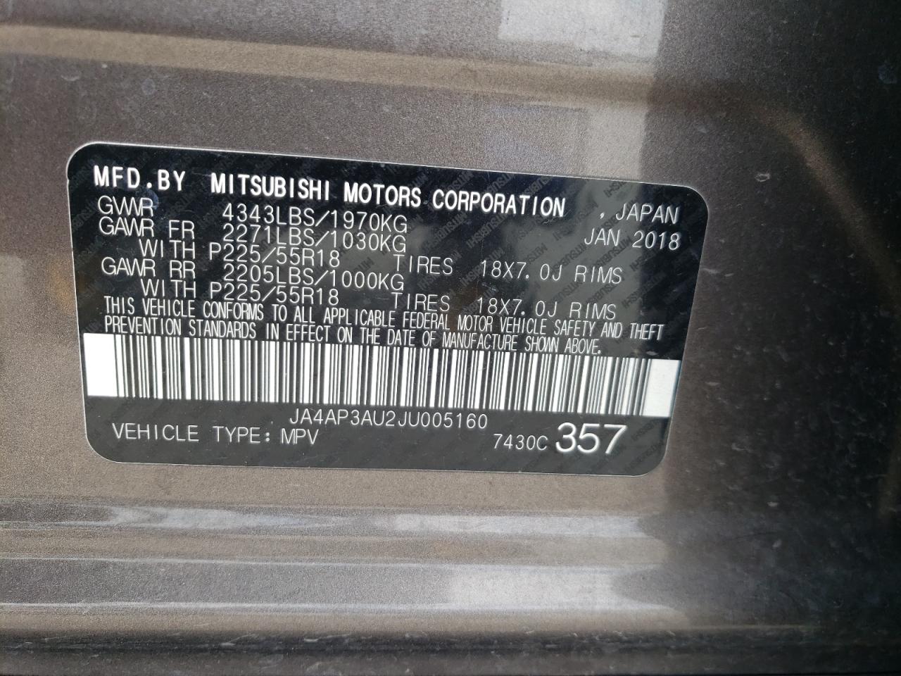Photo 10 from auction – 2018 MITSUBISHI OUTLANDER with VIN JA4AP3AU2JU005160