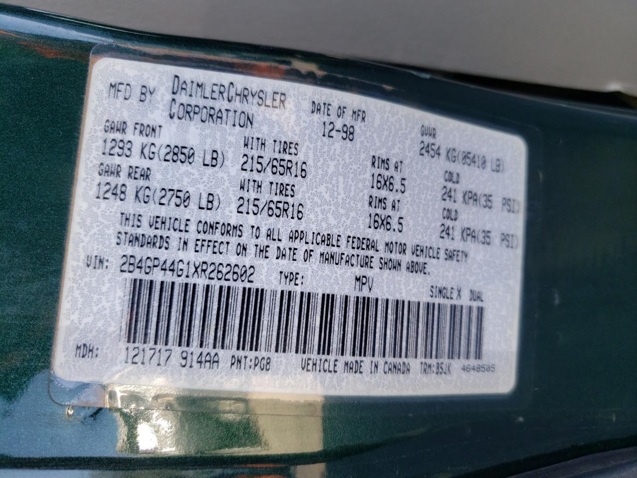 Photo 10 from auction – 1999 DODGE GRAND CARA with VIN 2B4GP44G1XR262602