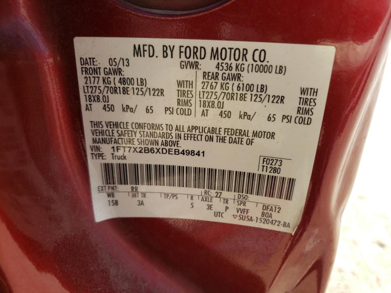 Photo 10 from auction – 2013 FORD F250 SUPER with VIN 1FT7X2B6XDEB49841