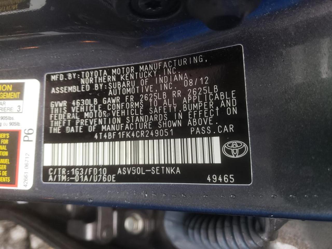 Photo 10 from auction – 2012 TOYOTA CAMRY BASE with VIN 4T4BF1FK4CR249051