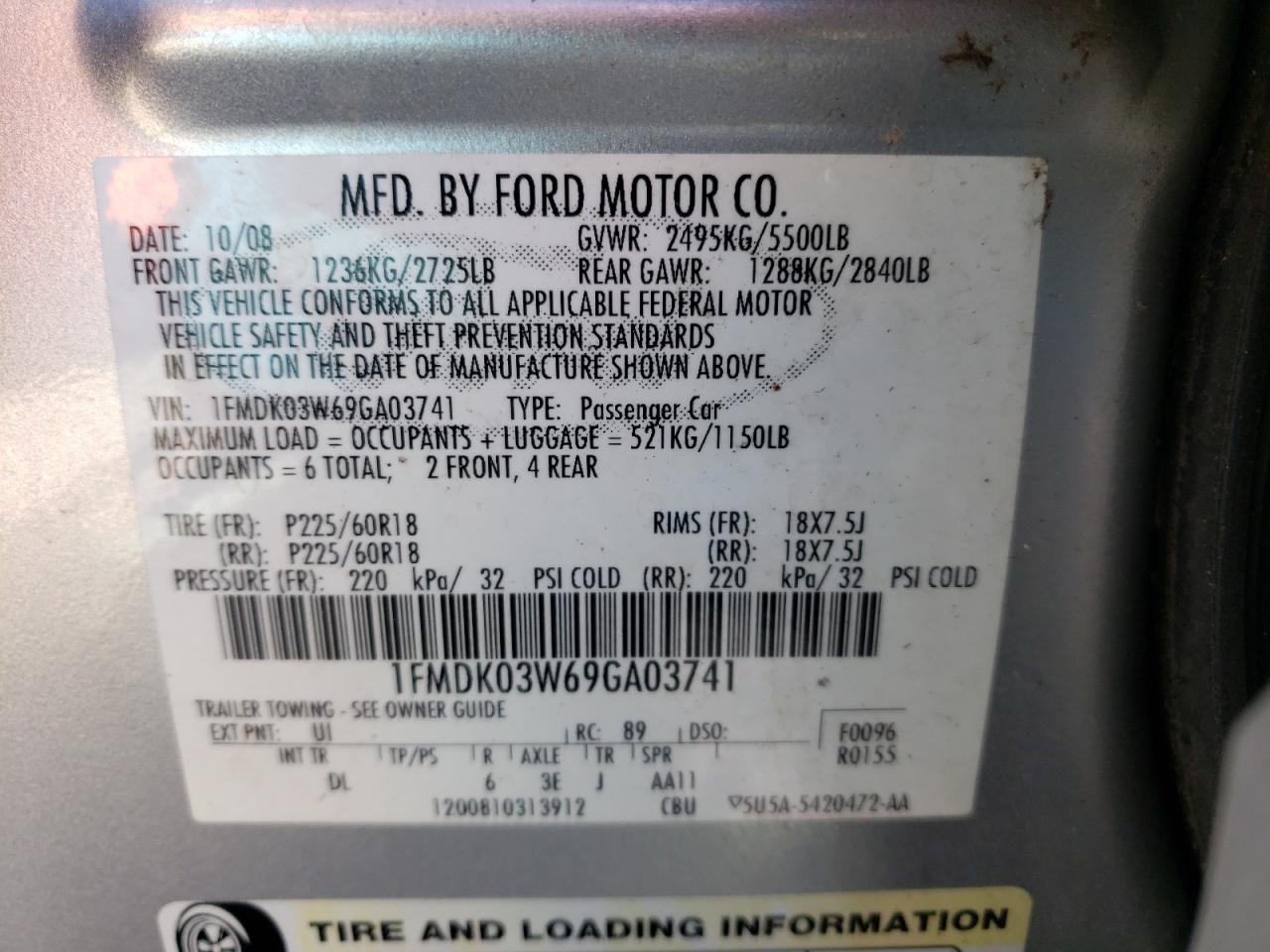 Photo 10 from auction – 2009 FORD TAURUS X L with VIN 1FMDK03W69GA03741
