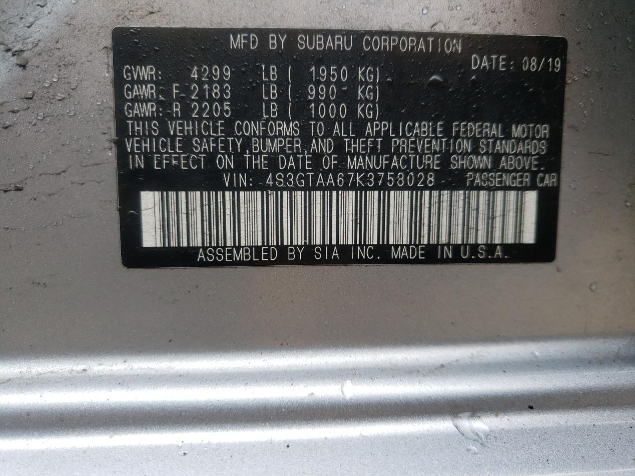 Photo 10 from auction – 2019 SUBARU IMPREZA with VIN 4S3GTAA67K3758028