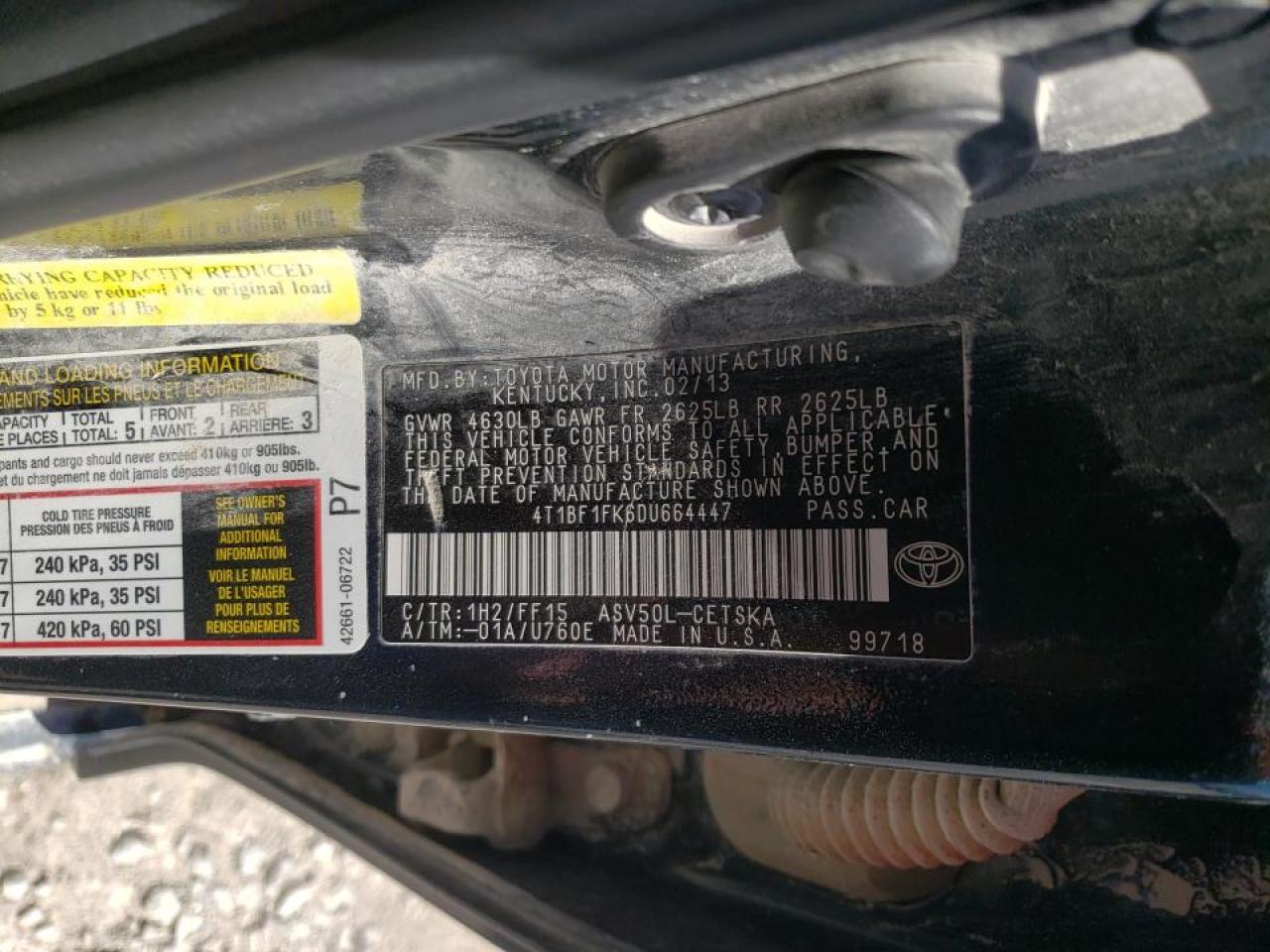 Photo 10 from auction – 2013 TOYOTA CAMRY L with VIN 4T1BF1FK6DU664447