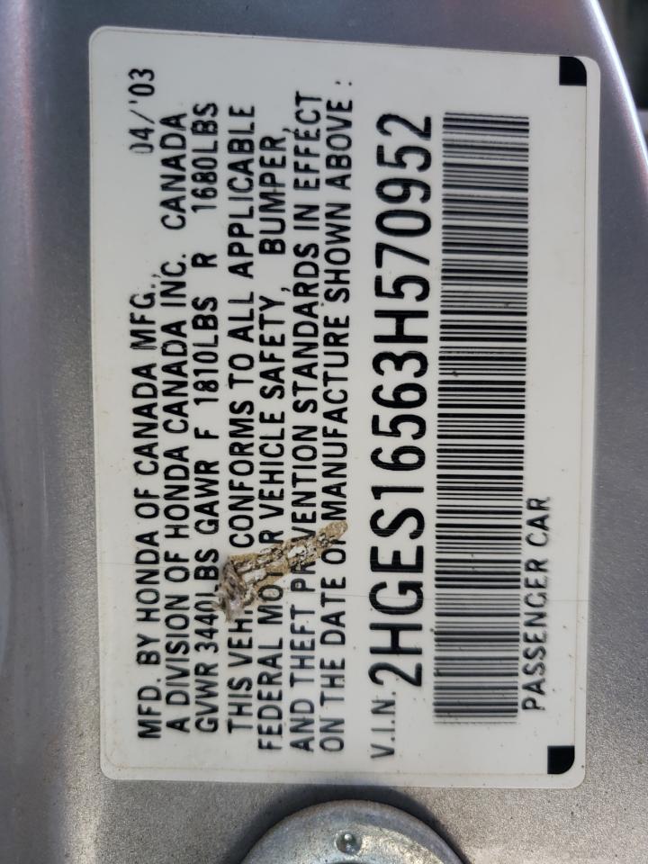 Photo 10 from auction – 2003 HONDA CIVIC LX with VIN 2HGES16563H570952