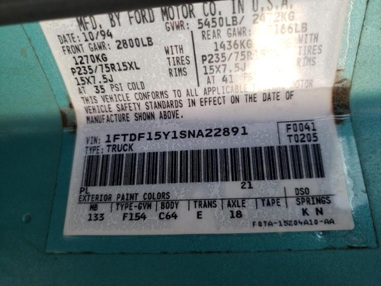 Photo 10 from auction – 1995 FORD F150 with VIN 1FTDF15Y1SNA22891