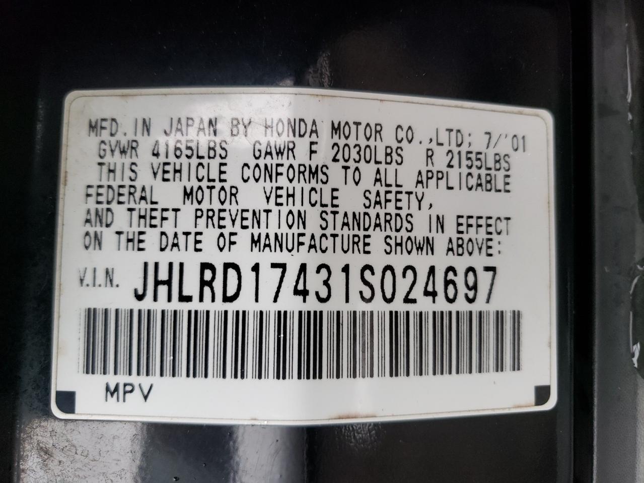 Photo 10 from auction – 2001 HONDA CR-V LX with VIN JHLRD17431S024697
