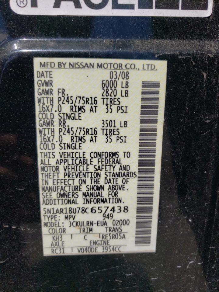 Photo 10 from auction – 2008 NISSAN PATHFINDER with VIN 5N1AR18U78C657438
