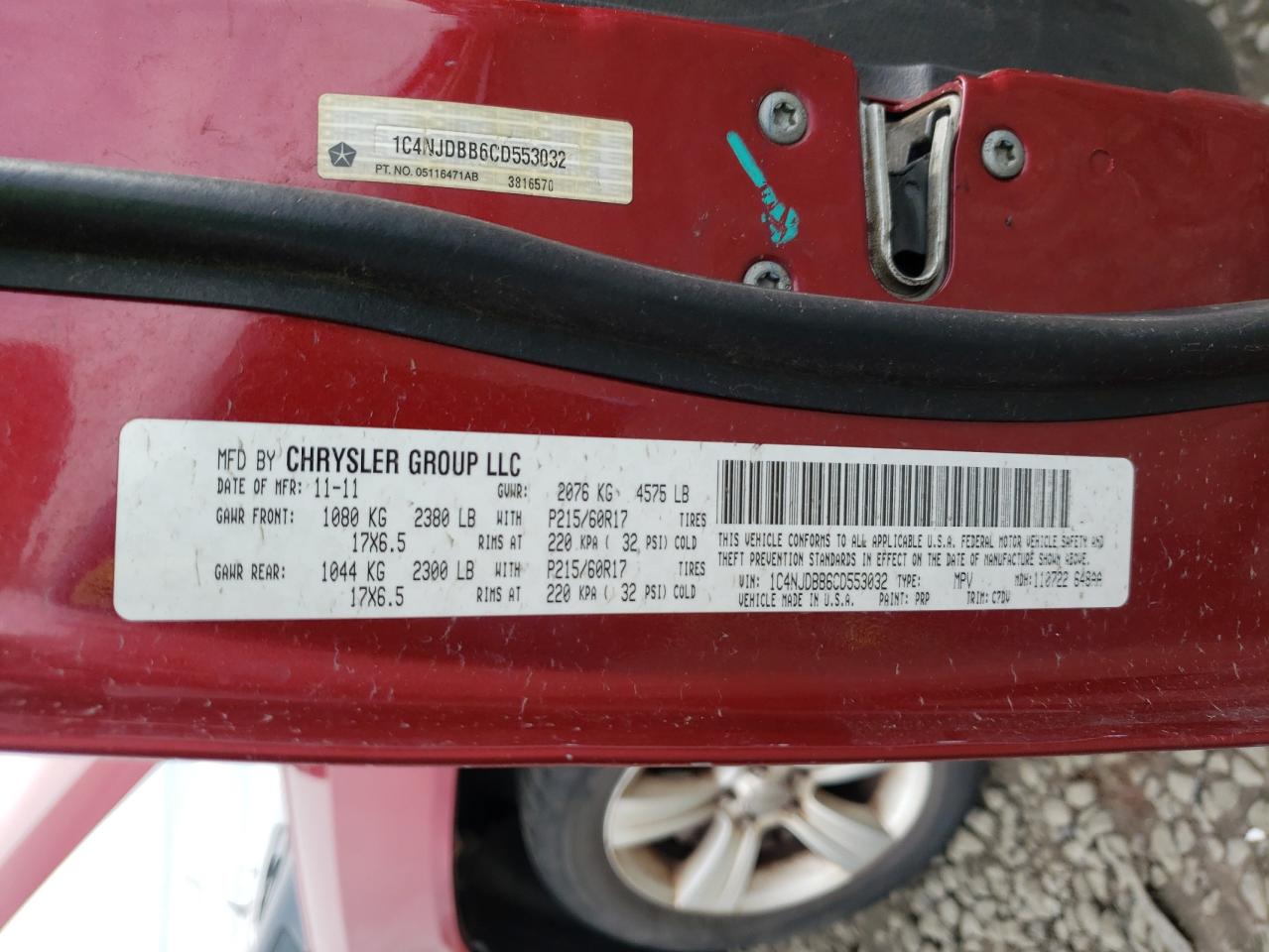 Photo 10 from auction – 2012 JEEP COMPASS SP with VIN 1C4NJDBB6CD553032
