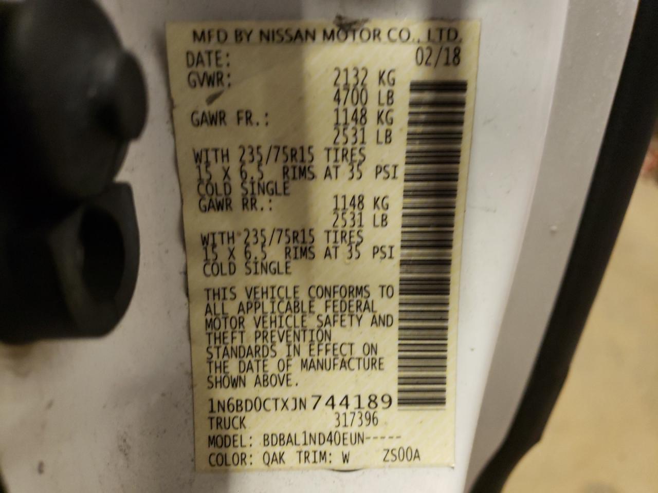 Photo 10 from auction – 2018 NISSAN FRONTIER S with VIN 1N6BD0CTXJN744189