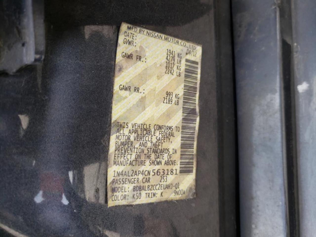 Photo 10 from auction – 2012 NISSAN ALTIMA with VIN 1N4AL2AP4CN563181