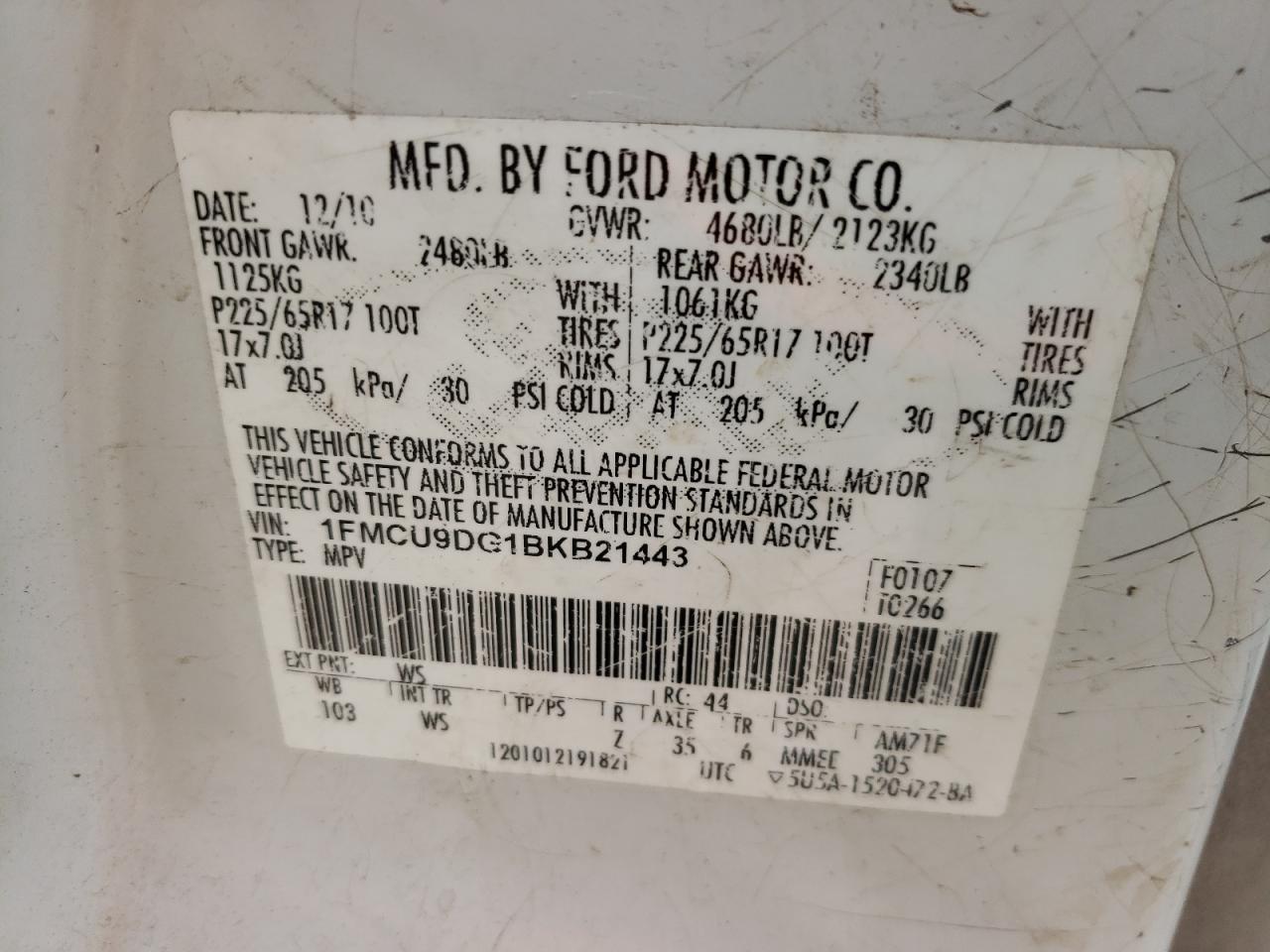Photo 10 from auction – 2011 FORD ESCAPE XLT with VIN 1FMCU9DG1BKB21443